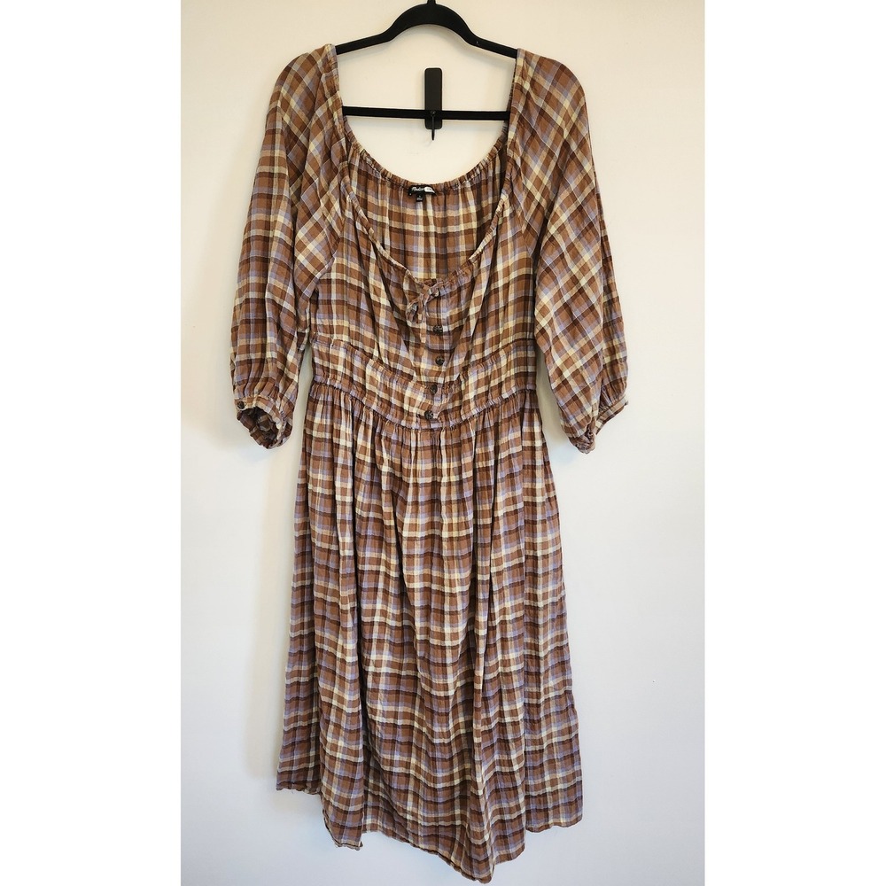 Madewell Brown Plaid Long Sleeve Midi Dress - Picture 2 of 8